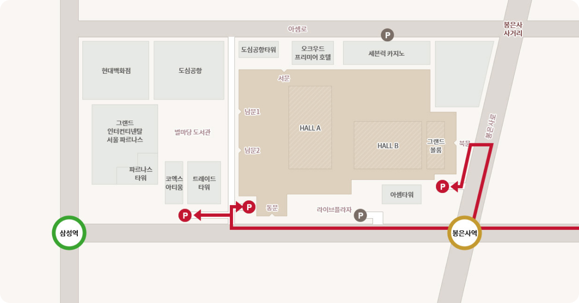 코엑스 단지와 주변 지역 안내 지도. 코엑스 컨벤션 센터의 주요 전시홀(HALL A, HALL B), 그랜드 볼룸, 라이브플라자와 서문, 남문, 동문, 북문 등 출입구가 표시되어 있습니다. 주변에는 현대백화점, 도심공항, 오크우드 프리미어 호텔, 그랜드 인터컨티넨탈 서울 파르나스, 별마당 도서관, 코엑스 아티움, 트레이드 타워, 아셈타워 등 주요 건물이 있습니다. 도로는 아셈로와 봉은사로가 교차하며, 삼성역과 봉은사역이 표시되어 있습니다. 영동대교 방면에서 오는 자동차 경로가 빨간색 화살표로 표시되어 있으며, 제일생명 사거리 직진 후 봉은사 앞 아셈사거리 직진하여 코엑스 북문 GATE로 진입하여 지하 및 옥상 주차장을 이용할 수 있습니다.