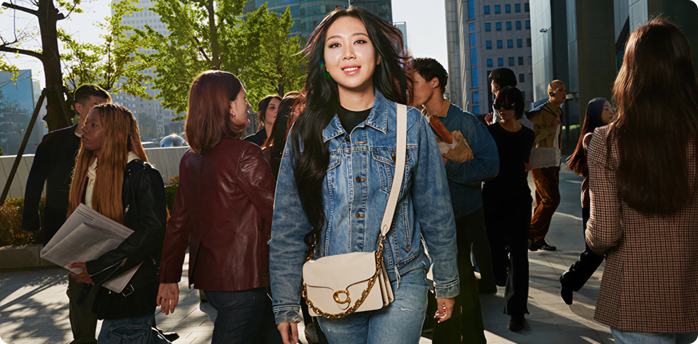 젊은 여성이 코치 가방을 들고 있는 모습