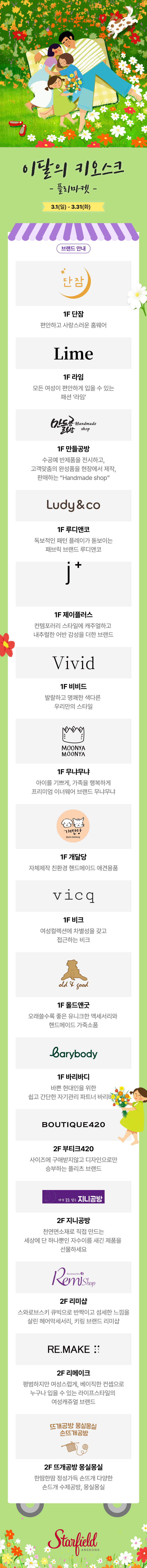이달의 키오스크 - 플리마켓 - 5.1(월) ~ 5.31(수) [1F 서쪽 광장] 달잠 1F 정문 잠옷처럼 편안한 데일리 웨어 Lime 1F 정문 빠르게 변하는 트렌드에 발맞춰 나가는 여성의류 핸즈공방(Handsshop) 1F 에스컬레이터 앞 수제 과일청, 수제 식초, 수제 견과류 바 등 정성이 가득 담긴 핸즈공방 Handmade shop Ludy&co 1F 에스컬레이터 앞 매일 매일 봐도 질리지 않는 트렌디한 여성복 전문점 j+ 1F 에스컬레이터 앞 연령대 구분 없이 편안하게 착용하고 디자인이 예쁜 여성 의류 전문점 Vivid 1F 정문 모던하고 시크한 감성의 여성 전문 의류 MARIA MARIA 1F 자라 앞 가죽 본연의 느낌을 최대한 살려 유니크한 가방과 악세서리를 전개하는 브랜드 개미네 1F 자라 앞 기분까지 좋아지는 핸드메이드 여성 의류 vicq 1F 자라 앞 여성 고객님들의 사랑을 한 몸에 받는 여성복 브랜드 all the food 1F 보테가베네타 앞 아이들도 좋아하는 바른 먹거리 수제 간식 전문점 Lorybody 1F 에스컬레이터 앞 피부에 닿는 부드러운 감촉을 가진 이지웨어&잠옷 전문점 BOUTIQUE450 1F 보테가베네타 앞 세련된 소재와 핏으로 사랑받는 유니크한 감각의 여성복 [2F 에스컬레이터 앞] 가니쉬 2F 가니쉬 핸드메이드 헤어 액세서리와 다양한 디자인의 귀걸이, 피어싱 전문점 Ronia 2F 가니쉬 앞 오피스룩부터 휴양지 룩까지 그날의 분위기 컨셉에 맞춘 액세서리, 주얼리 전문점 RE MAKE :) 2F 리메이크 형식에 얽매이지 않고 자유로운 감성으로 코디 제안을 드릴 수 있는 빈티지 컬러 감성의 여성복 브랜드 [3F 보이드(키즈 부스)] 안아줘베이비 3F 아디다스 키즈 앞 우리아이의 소중한 옷을 만드는 핸드메이드 유아 의류 전문 브랜드 Starfield