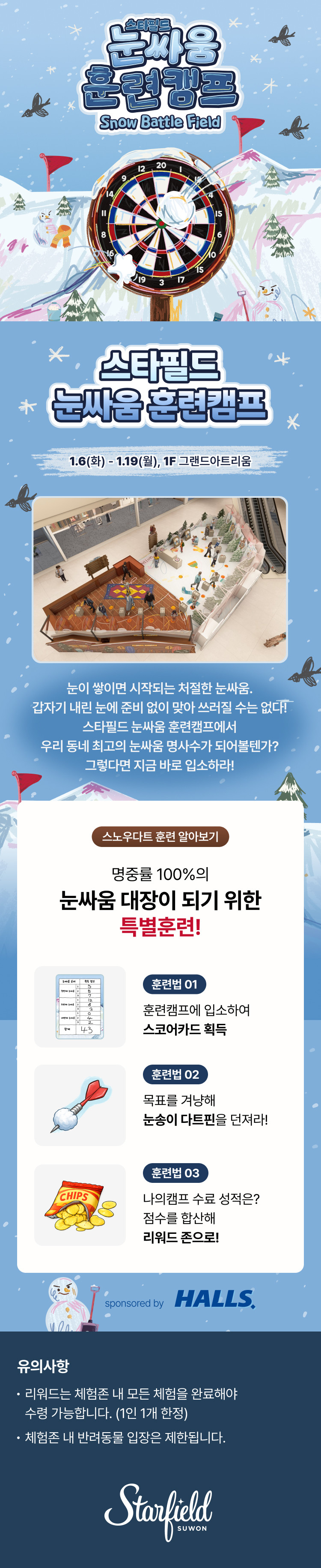 스타필드 눈싸움 훈련캠프 Snow Battle Field 스타필드 눈싸움 훈련캠프 1.6(화) - 1.19(월), 1F 그랜드아트리움 눈이 쌓이면 시작되는 처절한 눈싸음. 갑자기 내린 눈에 준비 없이 맞아 쓰러질 수는 없다! 스타필드 눈싸움 훈련캠프에서 우리 동네 최고의 눈싸움 명사수가 되어볼텐가? 그렇다면 지금 바로 입소하라! 스노우다트 훈련 알아보기 명중률 100%의 눈싸움 대장이 되기 위한 특별훈련! 훈련법 01 훈련캠프에 입소하여 스코어카드 획득 훈련법 02 목표를 겨냥해 눈송이 다트핀을 던져라! 훈련법 03 나의캠프 수료 성적은? 점수를 합산해 리워드 존으로!, sponsered by 호올스, 유의사항 리워드는 체험존 내 모든 체험을 완료해야 수령 가능합니다. (1인 1개 한정) 체험존 내 반려동물 입장은 제한됩니다.